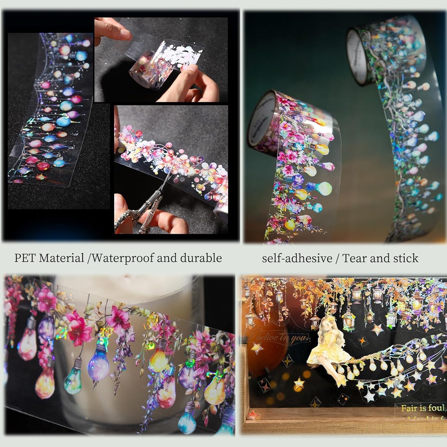 PET Christmas Washi Tape Stickers Set,3 Rolls Lighting Scrapbook Tape Stickers for Journaling,Junk Journal Supplies,DIY Craft,Notebook,Phone Case(Star Light)