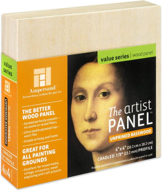Ampersand Art Supply Unprimed Basswood Artist Panel, 7/8" Cradled Profile 4"x4"