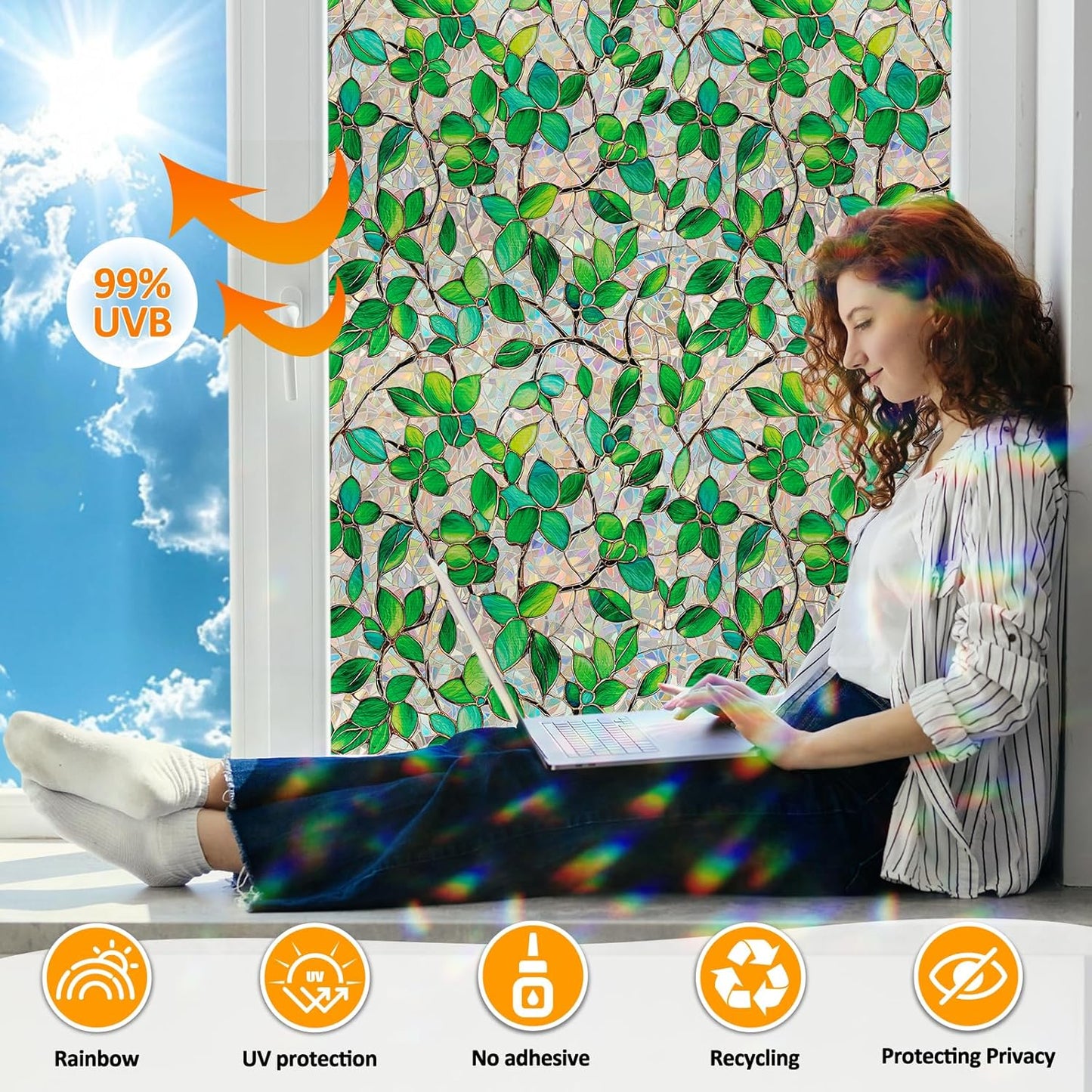 Window Privacy Film Stain Glass Window Film Rainbow Window Film Window clings Non-Adhesive Reusable Decorative for Room (Greenery Leaf, 45.2 x 157.4 in)