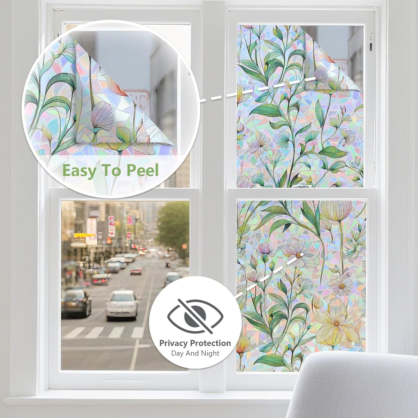 FINNEZ Window Privacy Film Stain Glass Film Flowers Rainbow Window Film Window Clings Non-Adhesive Reusable Decorative for Home（Forest Rainbow，45.2 Inch x 6.5 Feet）