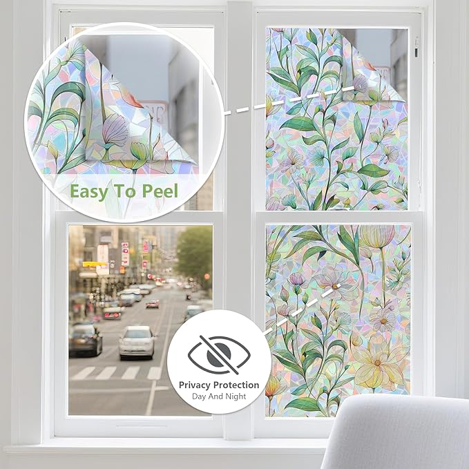 FINNEZ Window Privacy Film Stain Glass Film Flowers Rainbow Window Film Window Clings Non-Adhesive Reusable Decorative for Home（Forest Rainbow，35.4 Inch x 13.1 Feet）