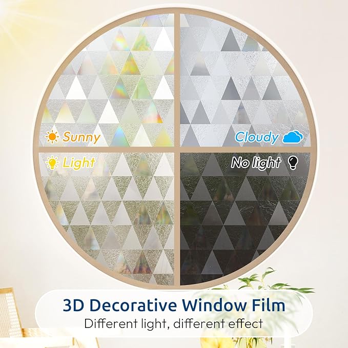 rabbitgoo Window Privacy Film, Stained Glass Rainbow Privacy Clings for Glass Window, Static Cling Decorative Door Covering, Non-Adhesive UV Blocking, Multicolored, 17.5 x 157.4 inches