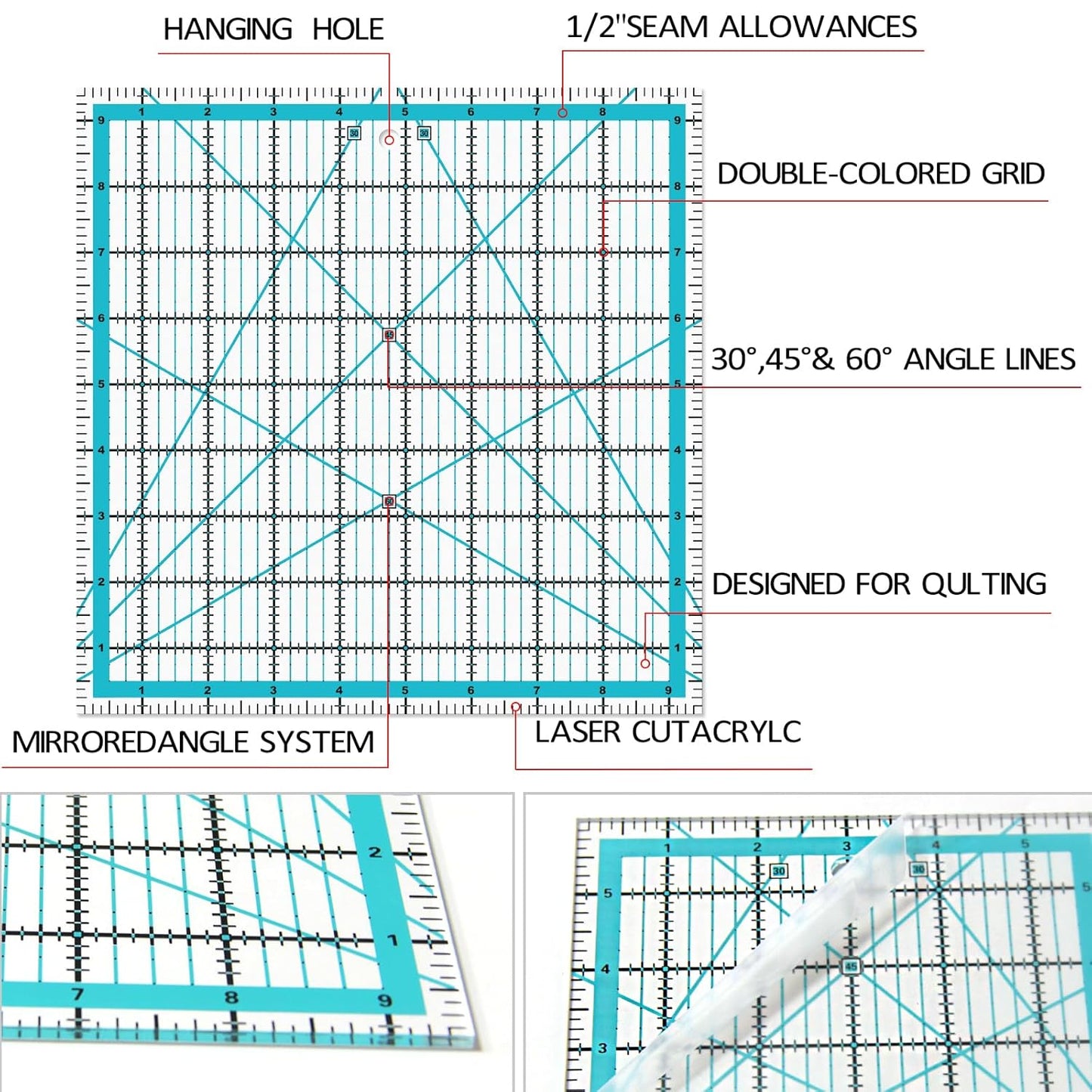 Quilting Rulers, Acrylic Quilt Ruler,4 Square Fabric Cutting Ruler (4.5""X4.5"", 6""X6"", 9.5""X9.5"", 12.5""X12.5""), Quilting Templates with Non Slip Rings. (Blue)