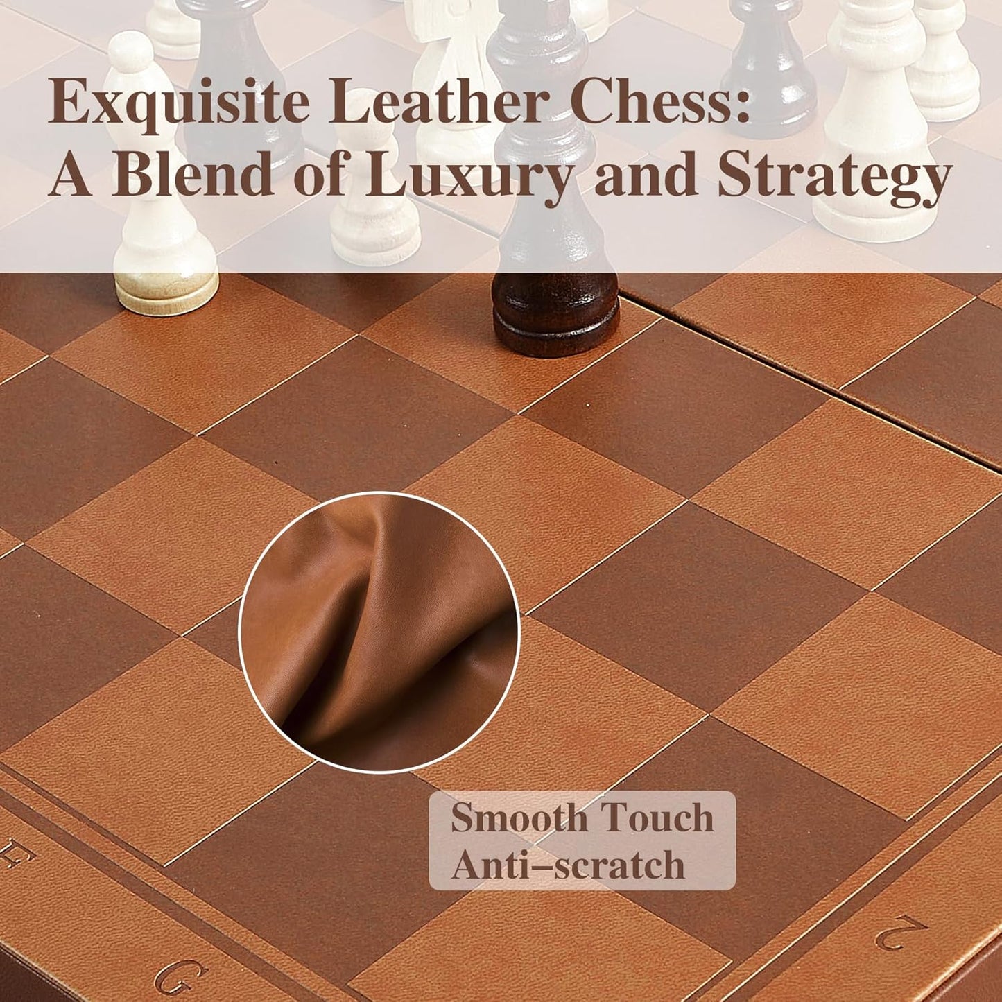 Magnetic Chess Set for Adult Kid, 15.4" Leather Chess Board with Handmade Chess Piece Including 2 Extra Queens and Storage Slot, Folding Portable Travel Chess Game for Beginner and Professional