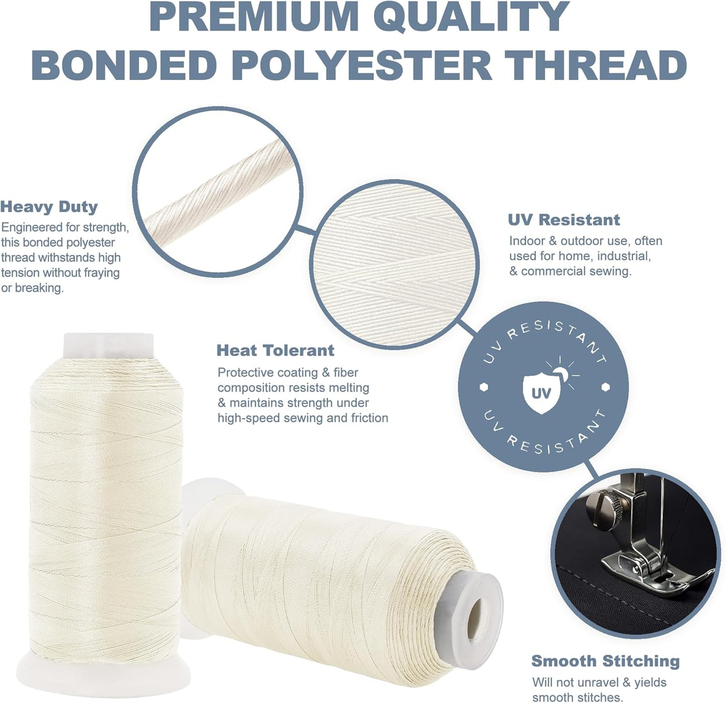 Mandala Crafts Off White Heavy Duty Thread - 1500 Yds Tex 70 Thread for Sewing Drapery Jeans Leather Hair Outdoor Marine Upholstery