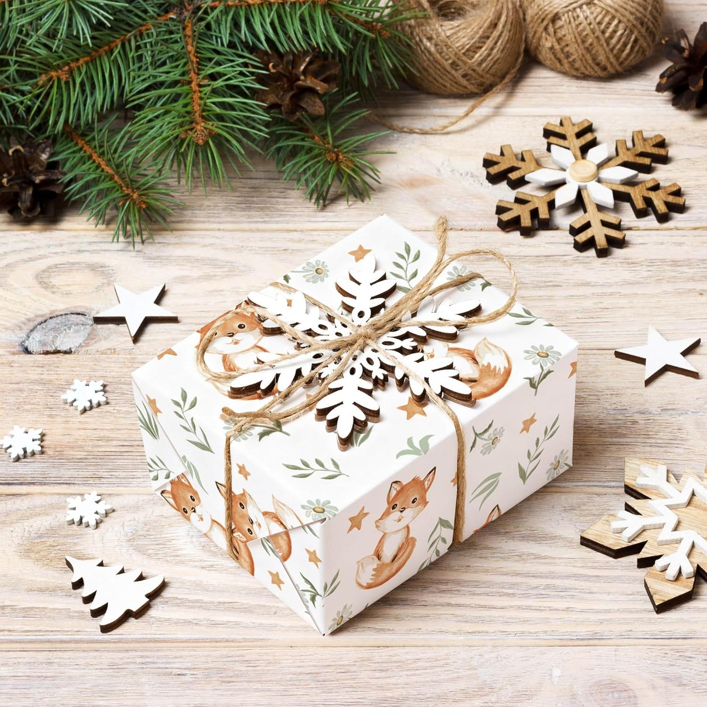 WRAPLULU Fox Wrapping Paper - 4 Jumbo Sheets, 28 * 40 Inches - Woodland Christmas Gift Wrap with Stars Floral and Leave, Perfect for Xmas, Birthdays, Baby Showers, Weddings