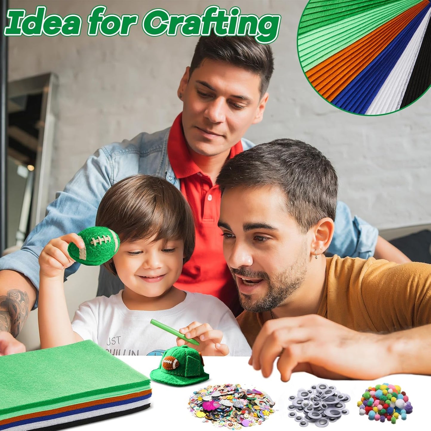 gisgfim 42Pcs Football Felt Fabric Sheets Craft Kit 8 x 12 Inch Green Brown Assorted Colors Thick Felt Pack with Wiggle Google Eyes Pompoms Glitter Patchwork Craft for DIY Sewing Art Project Decor