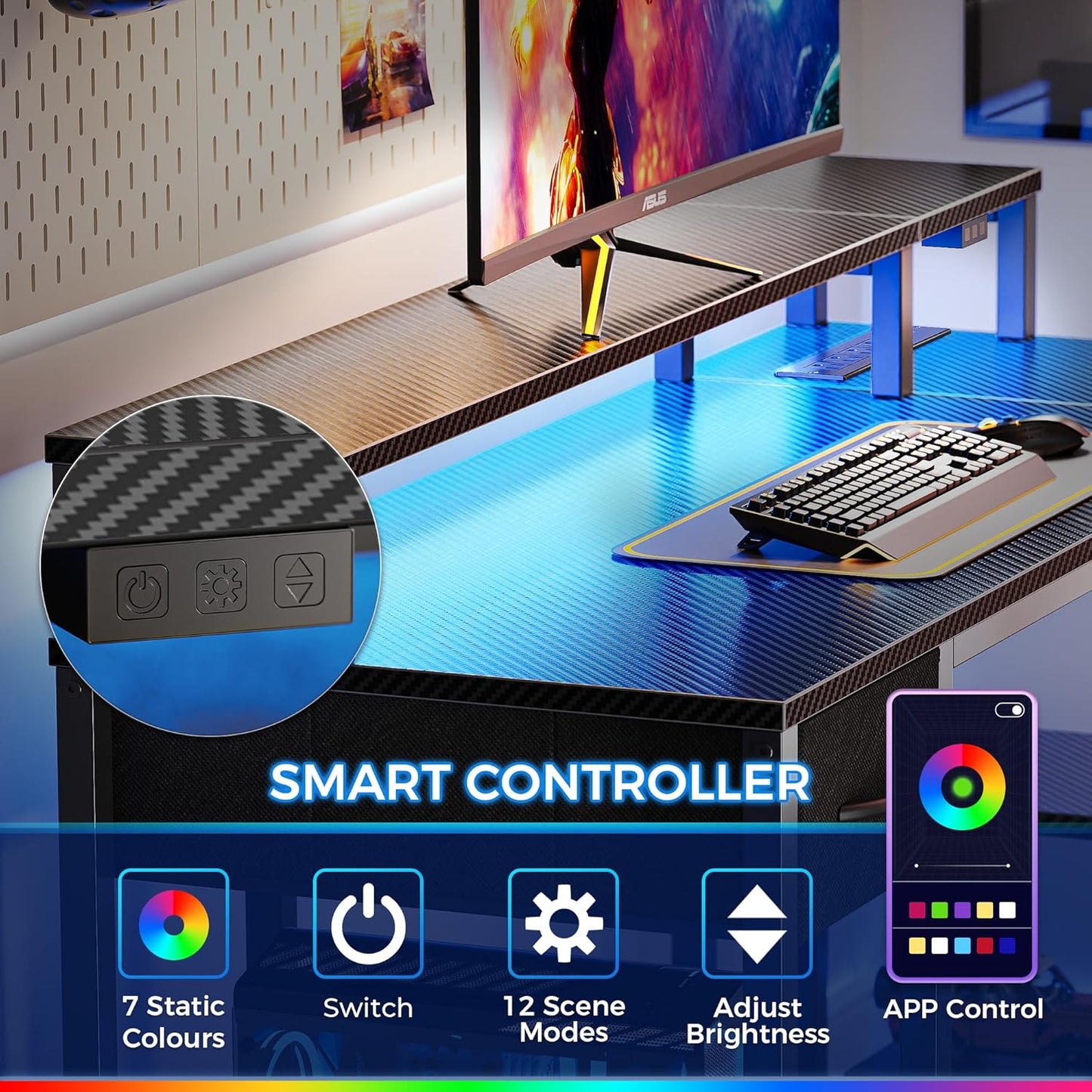 SUPERJARE 47 inch Reversible L Shaped Desk with LED Lights & Power Outlets, Computer Desk with Shelves & Monitor Stand, Gaming Desk with Drawer, Home Office Desk Corner Desk, Carbon Fiber Black