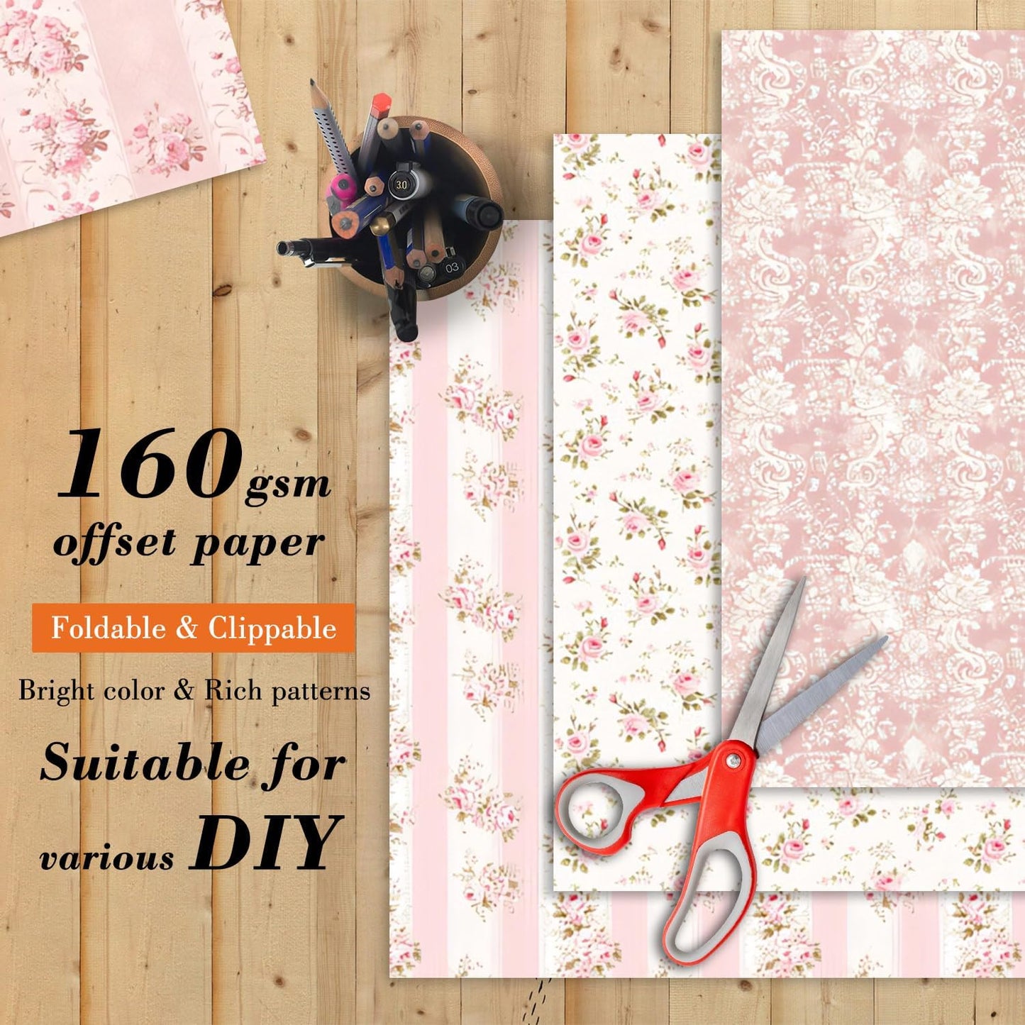 6 Inch Pink Flowers Scrapbooking Paper Pad - 24 Sheets Double Sided Aesthetic Patterns for Wedding Photos Album Journals Decorative Collage Origami DIY Crafts Gifts Wrapping Material