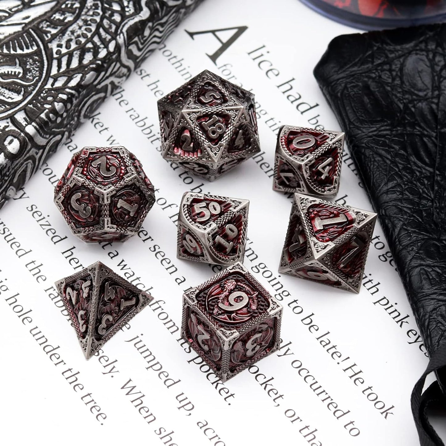 Haxtec DND Dice Set Metal D&D Dice Set with Leather Dice Bag Antique Iron Red Metal Polyhedral Dice Compatible with Dungeons and Dragons TTRPG Gifts