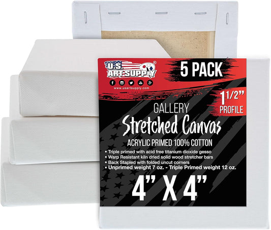 U.S. Art Supply 5-Pack Bulk Stretched Canvas for Painting 4 x 4 inch, Gallery Depth 1-1/2" Profile - 12oz Acrylic Gesso Triple Primed, Professional Artist Quality, 100% Cotton - Oil, Pouring Paint