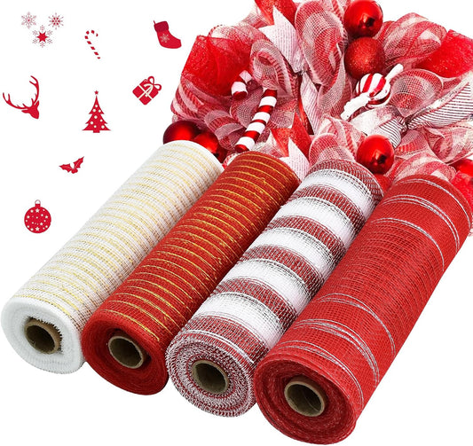 TONIFUL 4 Rolls 10 Inch Red and White Decorative Mesh Ribbbon Rolls, for Wreath Supplies Front Door Craft Tree Decor Christmas NewYears Valentine's Day Halloween Decoration (30ft/roll, 120ft/Set)