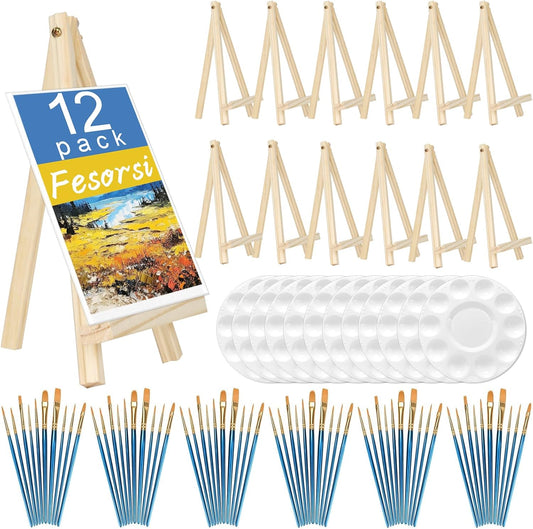 Mini Easels 12 Pack, Small Easels for Painting 24cm/9 Inch, Folding Design, Small Easel with 12 Palettes and 60 Brushes, Suitable for Outdoor Painting Party