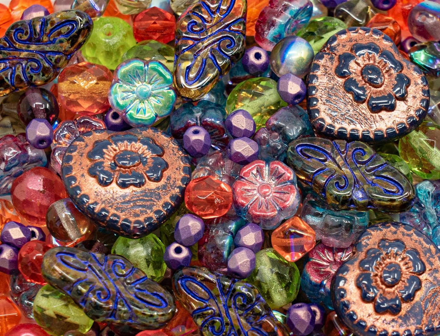 2.1oz (60 g) Mix of Unique Czech Bohemia Glass Pressed Beads, Crazy Purple Green Copper, Table Cut, Matte and Glossy, Faceted Fire Polish, Hand Made Set Kit BCV