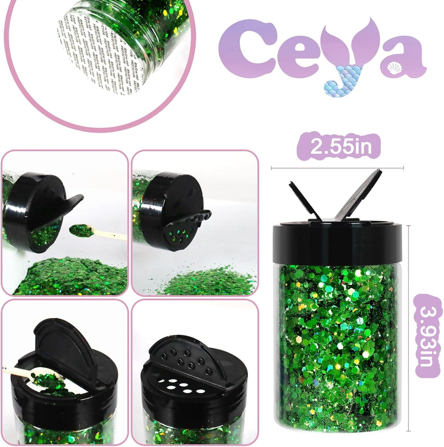 Ceya Holographic Chunky Glitter, 4.9oz/ 140g Green Craft Glitter Powder Mixed Chunky & Fine Flakes Iridescent Nail Sequins for St Patricks Day Party Decor, Epoxy Resin, Tumblers, Slime, Painting
