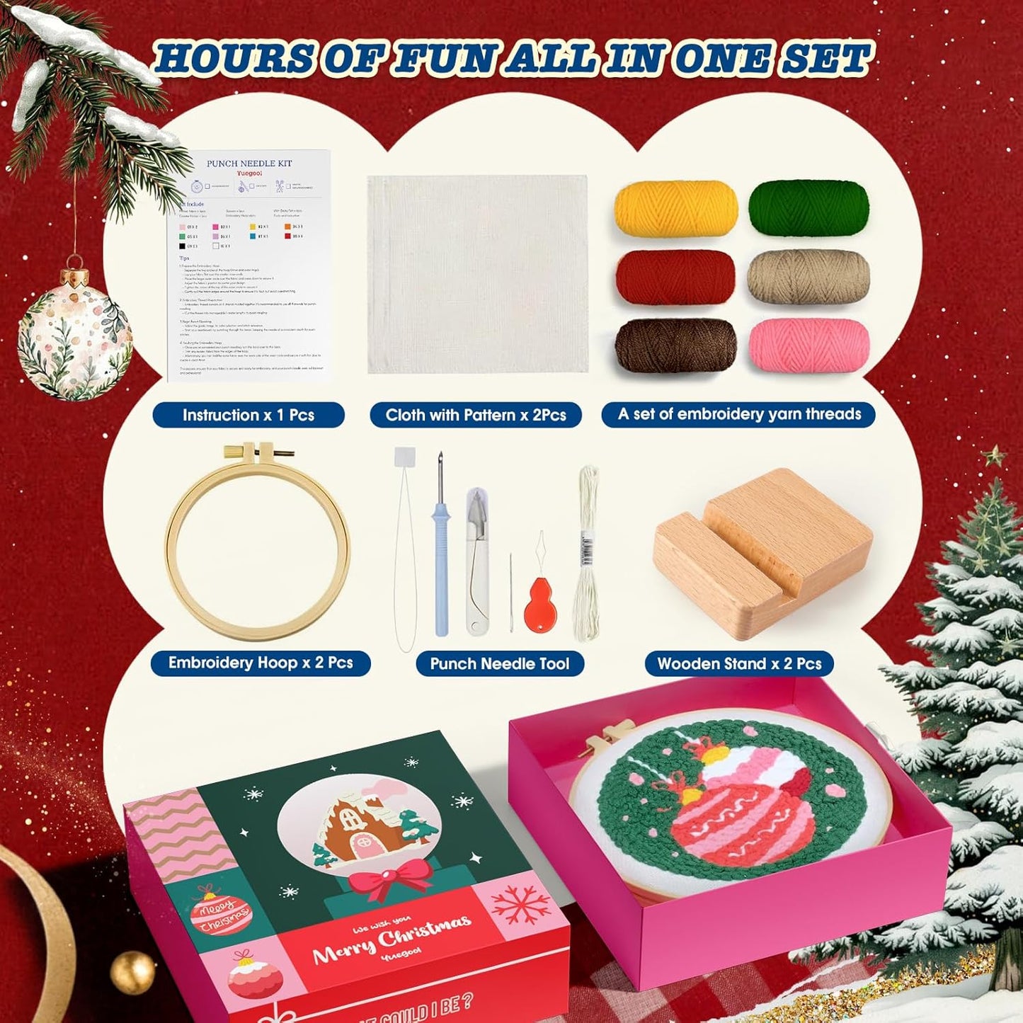 yuegool 2PCS Christmas Punch Needle Decoration Kit,Easy DIY Punch Needle Embroidery Kit for Beginners Adults Kids Including Patterns, Tools, Yarns, Hoop, Instruction, Bracket Art Craft Supplies