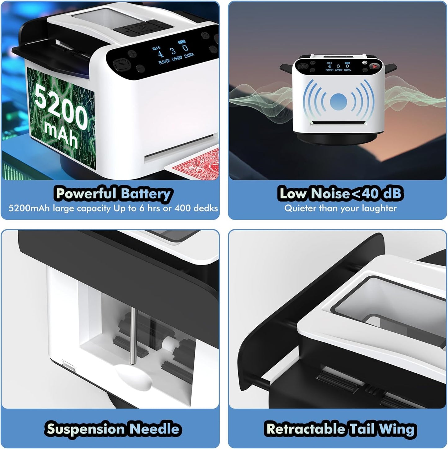 Automatic Card Shuffler and Dealer Machine 360° Rotation, Supports 12 Players, Rechargeable Card Shufflers, UNO Shuffler Card Machine Perfect for Rummy, Poker, Phase 10, Skip-Bo, Texas Hold'em