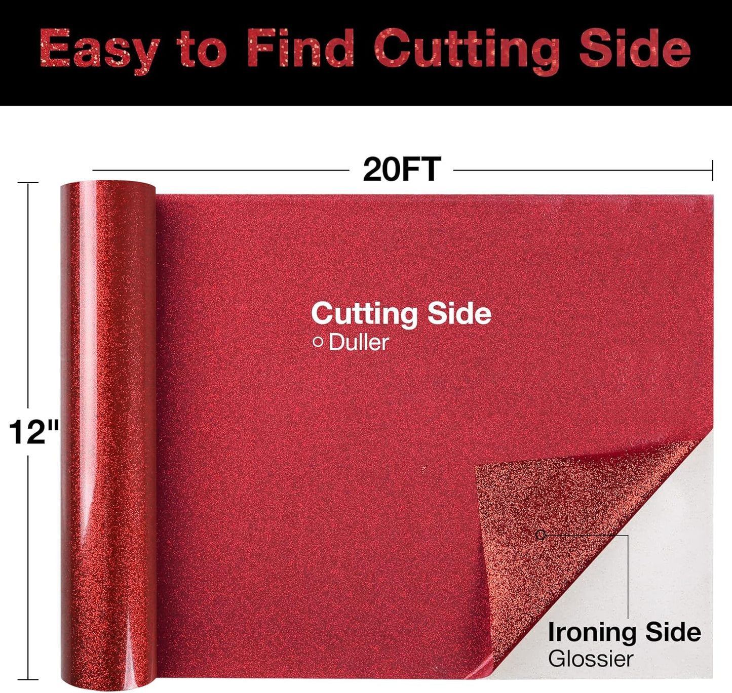 TORC Red Glitter HTV Heat Transfer Vinyl Roll 12 inch x 20 ft Iron on Vinyl for T Shirts Crafts Bulk