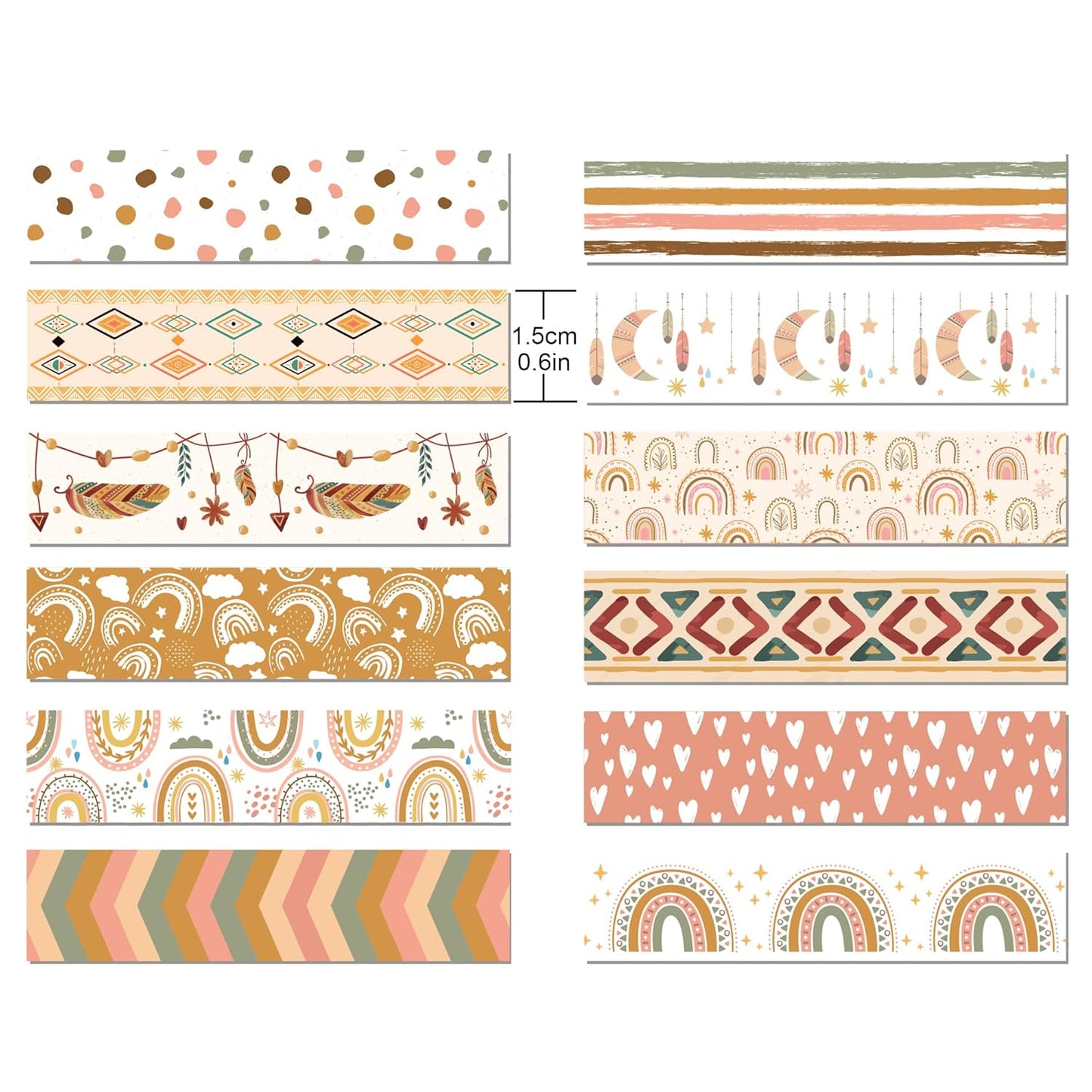 12 Rolls Washi Tape Boho Washi Tape Set Vintage Rainbow Sun Stars Masking Tapes Decorative Paper Stickers Decorative Tapes for DIY Art Crafts Wrapping Decor Junk Journal Scrapbooking Gifts Stickers