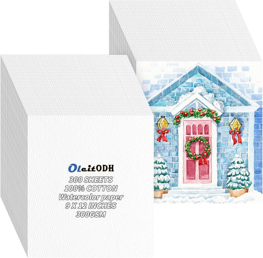 300 Sheets Cotton Watercolor Paper Bulk -140LB/300GSM Art Paper-9 x 12 inch Painting & Craft Paper, Finger Paints, Watercolor, Tempera, Drawing, Art Room & Home School Crafts