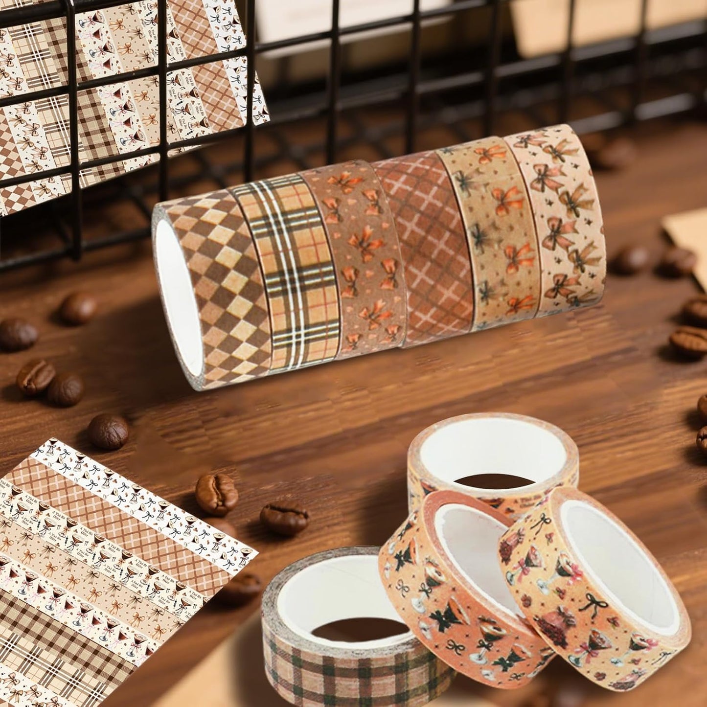 12 Rolls Martini Washi Tape, Vintage Brown Checkered Bow Masking Tape, Martini Coffee Decorative Sticker for Party Afternoon Tea Holiday Scrapbook Journal DIY Craft Gift Wraps 16.4FT