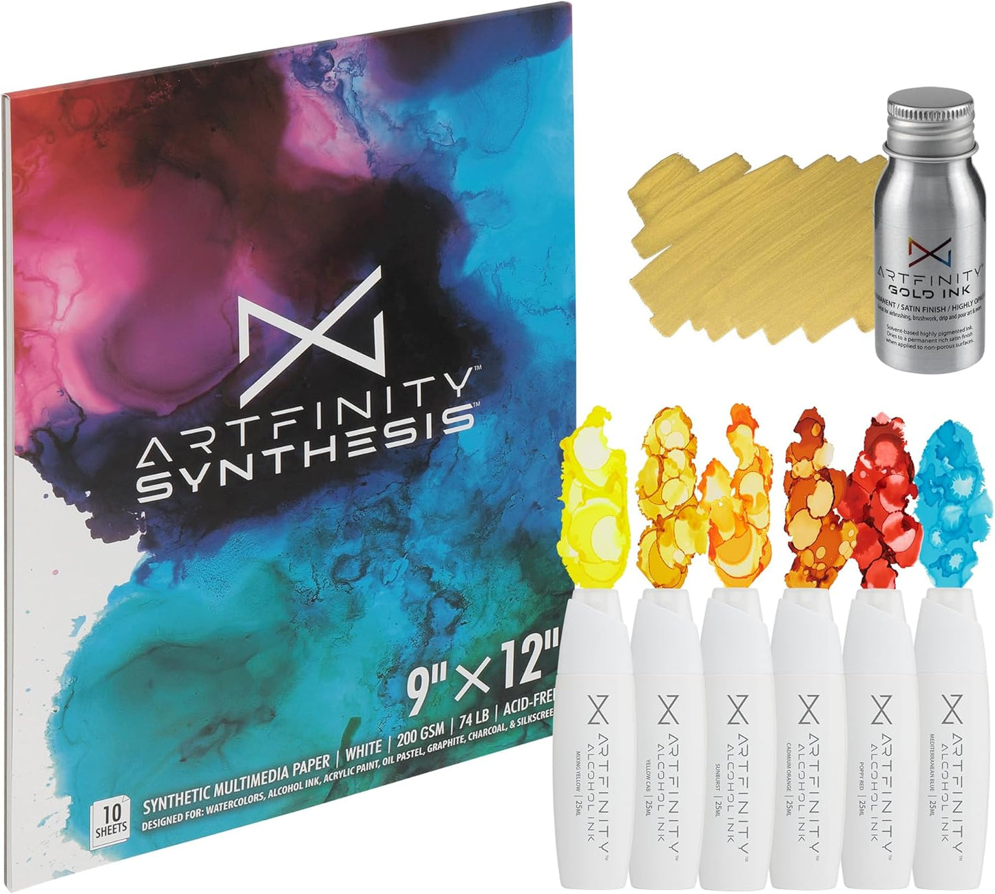 Alcohol Ink - Fire Set, 8 Pieces | 10 Sheets 9x12 Multimedia Paper | Fast-Drying, Permanent, Transparent Alcohol Inks for Gloss Paper, Glass, Metal | 25 ml Bottles