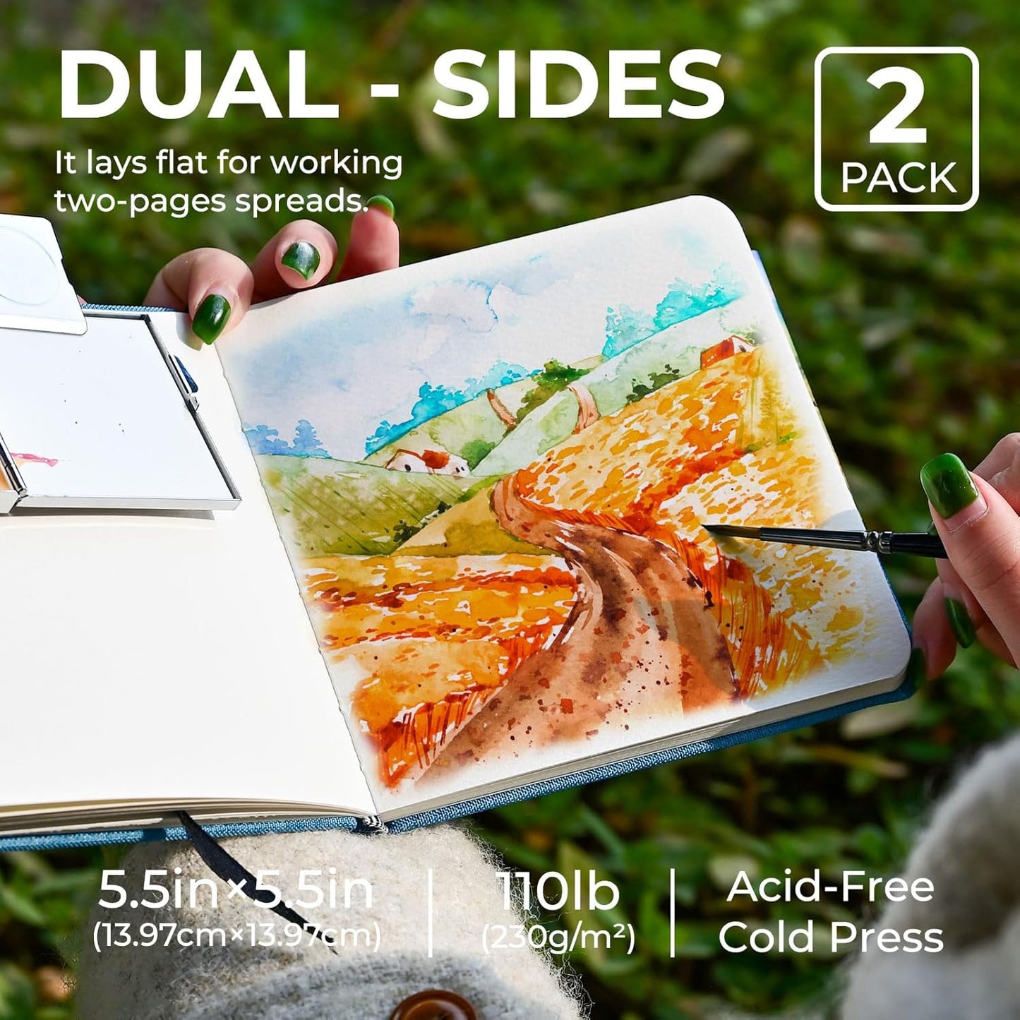 Funto Watercolor Journal, Square, 5.5x5.5, Portable 2-Pack, 48 Pages Each, Blue Cover, 110lb/230gsm, Art Supplies for Mixed Media