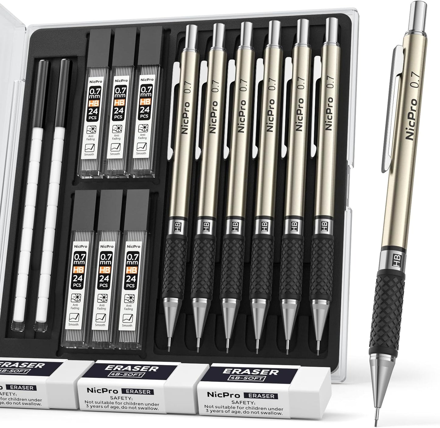 Nicpro 0.7 mm Art Mechanical Pencils Set, 6 PCS Metal Drafting Pencil 0.7mm Tube HB Lead Refills & 18 Cap Eraser for Adults, Children, Artist Writing, Drawing, Sketching, Black