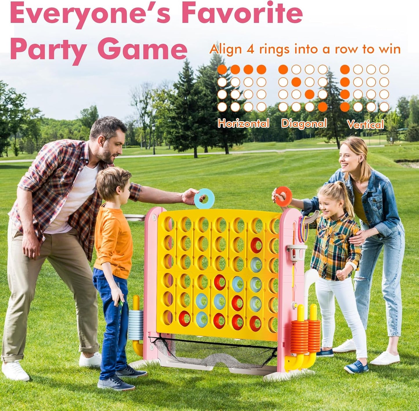 Giant 4 in a Row Connect Game with Mesh Fabric | Height Adjustable 4-in-1 Jumbo 4-to-Score Yard Game Set with Basketball, Golf & Ring Toss | Outdoor Indoor Family Yard Party Game for Kids & Adults