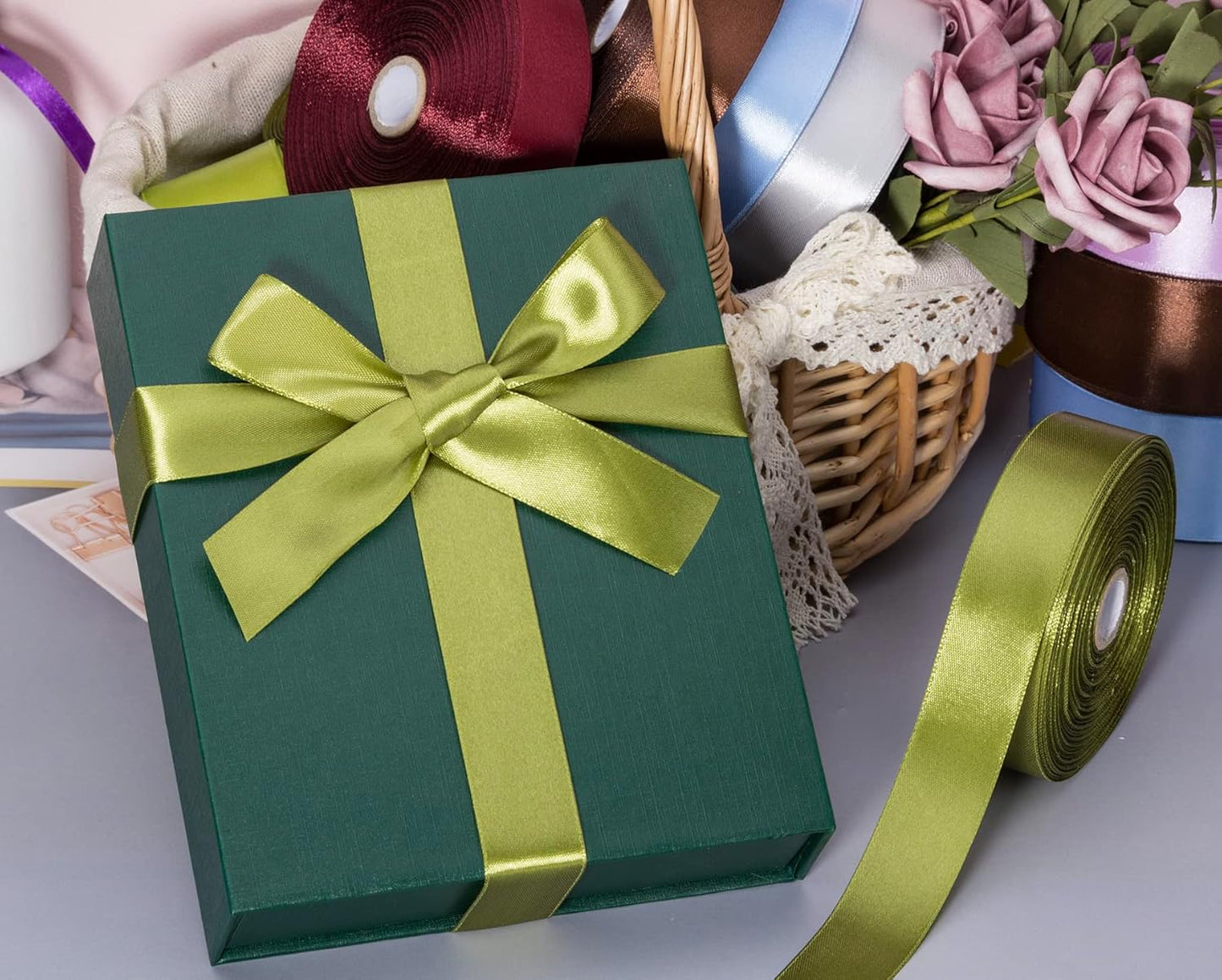 1 Inch Moss Green Solid Satin Ribbon, 50 Yards Craft Fabric Ribbon for Gift Wrapping Floral Bouquets Wedding Party Decoration