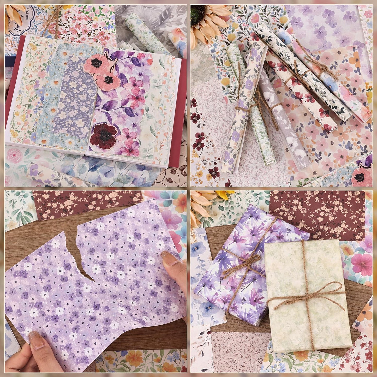 180 Sheets Vintage Floral Scrapbook Paper - 9 Themes Aesthetic Small Flowers Pattern, Decorative Craft DIY Paper Kit for Bullet Journal, Junk Journal Supplies, Collage, Cardmaking 5.5x8 Inch