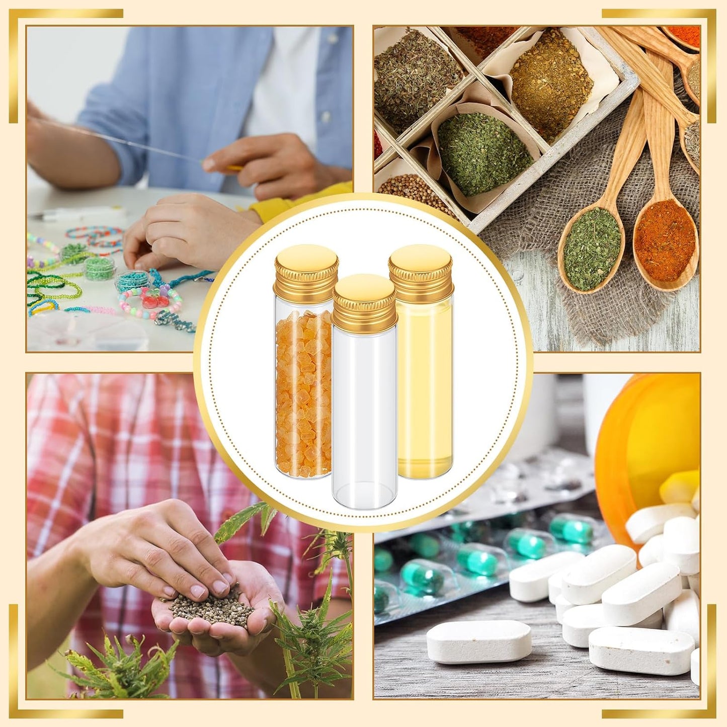 100 Pcs Small Clear Vials Spice Mini Jars with Lids Mini Glass Bottles with Screw Aluminum Metal Caps Tiny Jars Sample Containers for Powder Cream Cosmetic Jewelry Wedding (20 ml,Gold Caps)