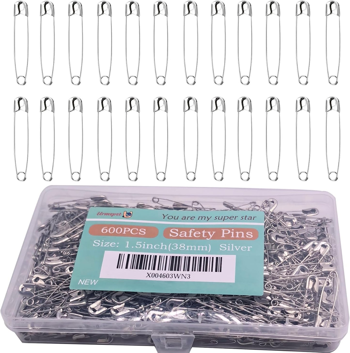 Safety Pins, 600PCS-1.5Inch Small Safety Pins, Rust-Resistant Nickel Plated Steel, Sharp Edge Safety Pin for Clothes, Sewing, Arts & Craft, 38mm Decorative Safety Pins (Silver), UR-28