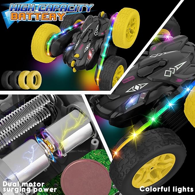 Remote Control Car,RC Cars with Sides Light Strip and Headlights,Double Sided 360 Flips Rotating RC Stunt Car,2.4Ghz All Terrain Toys for Ages 4-8 Kids Toy for Boys Birthday Gift(Black)