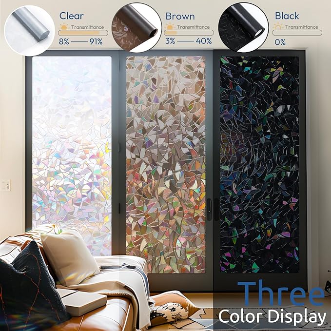 rabbitgoo Window Privacy Film Rainbow Film Decorative Window Sticker, 3D Static Stained Glass Cling Tint for Home Heat Control Non-Adhesive, Brown, 35.4 x 118.1 inches