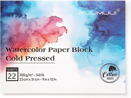 Watercolor Paper Block 9x12 Inch, Fuumuui 100% Cotton Paper Pad, 22 Sheets, Cold Pressed, Acid-Free, 140 lb/300gsm for Painting, Drawing, Art Journaling, Professional Artist Quality