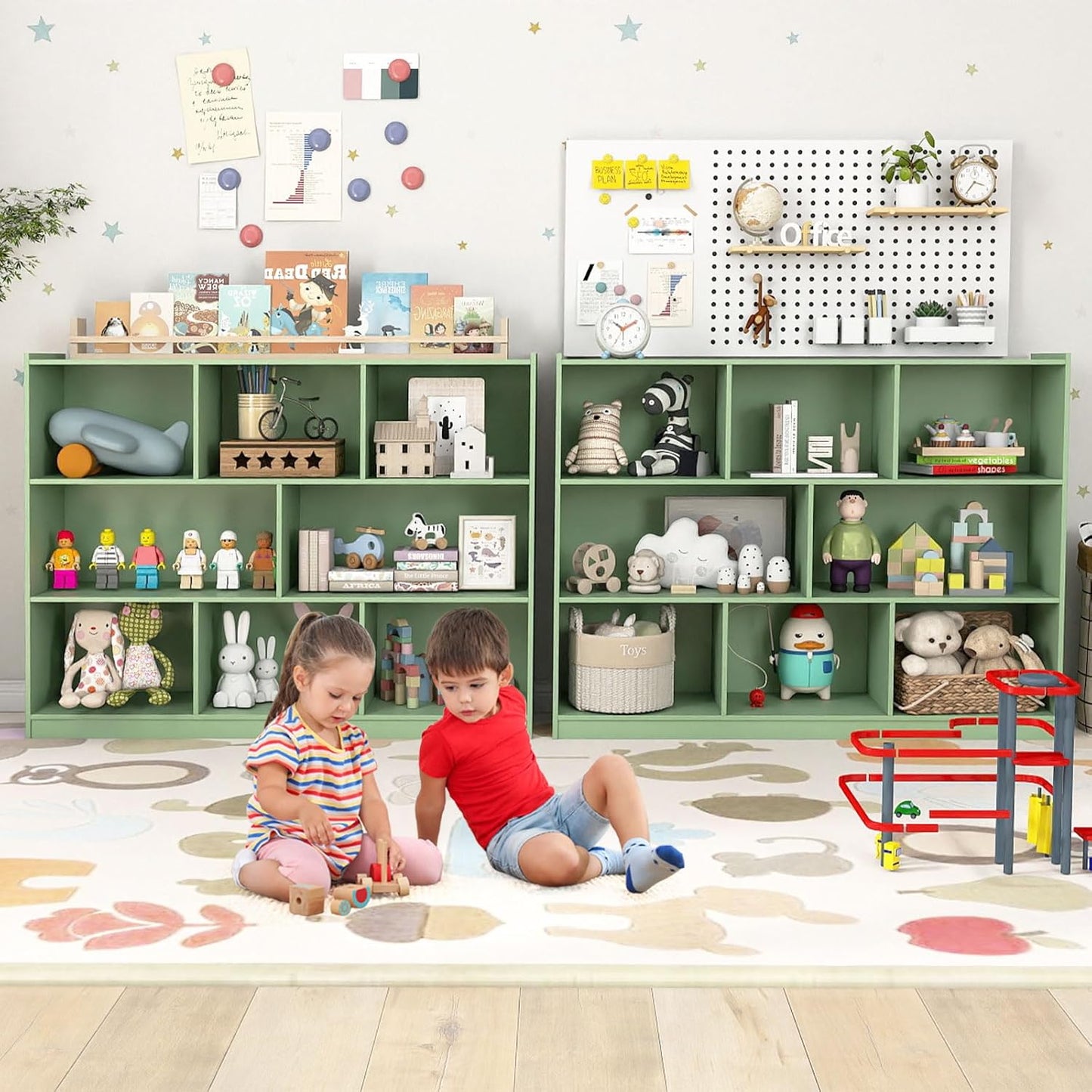 KOTEK Toy Storage Organizer, 5 Cubby Kids Bookshelf, Wooden 3-Tier Bookcase Storage Cabinet, Open Display Book Shelf for Daycare, Nursery, School Classroom, Living Room (Green, 8 Cubes)