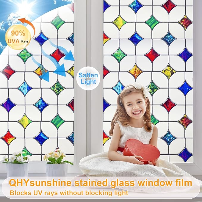 Stained Glass Window Film - Non-Adhesive Colorful Privacy Film | Privacy Protection, Reusable & Renter Friendly | Perfect for Bedroom/Bathroom Room Decor (Frosted Mosaic, 35.4 X 157.4 in)