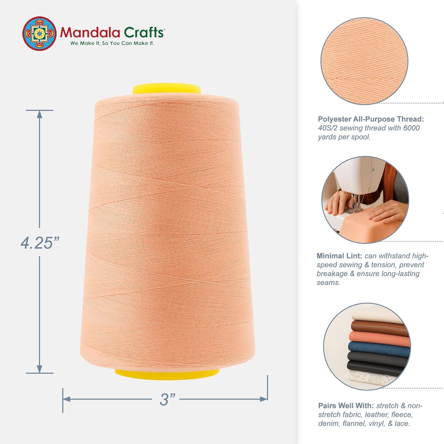 Mandala Crafts 4 Pack of Serger Threads Cones Spools - 40S/2 24000 Yards Polyester Peach Threads for Sergers Machine and Overlock Quilting Sewing Machine