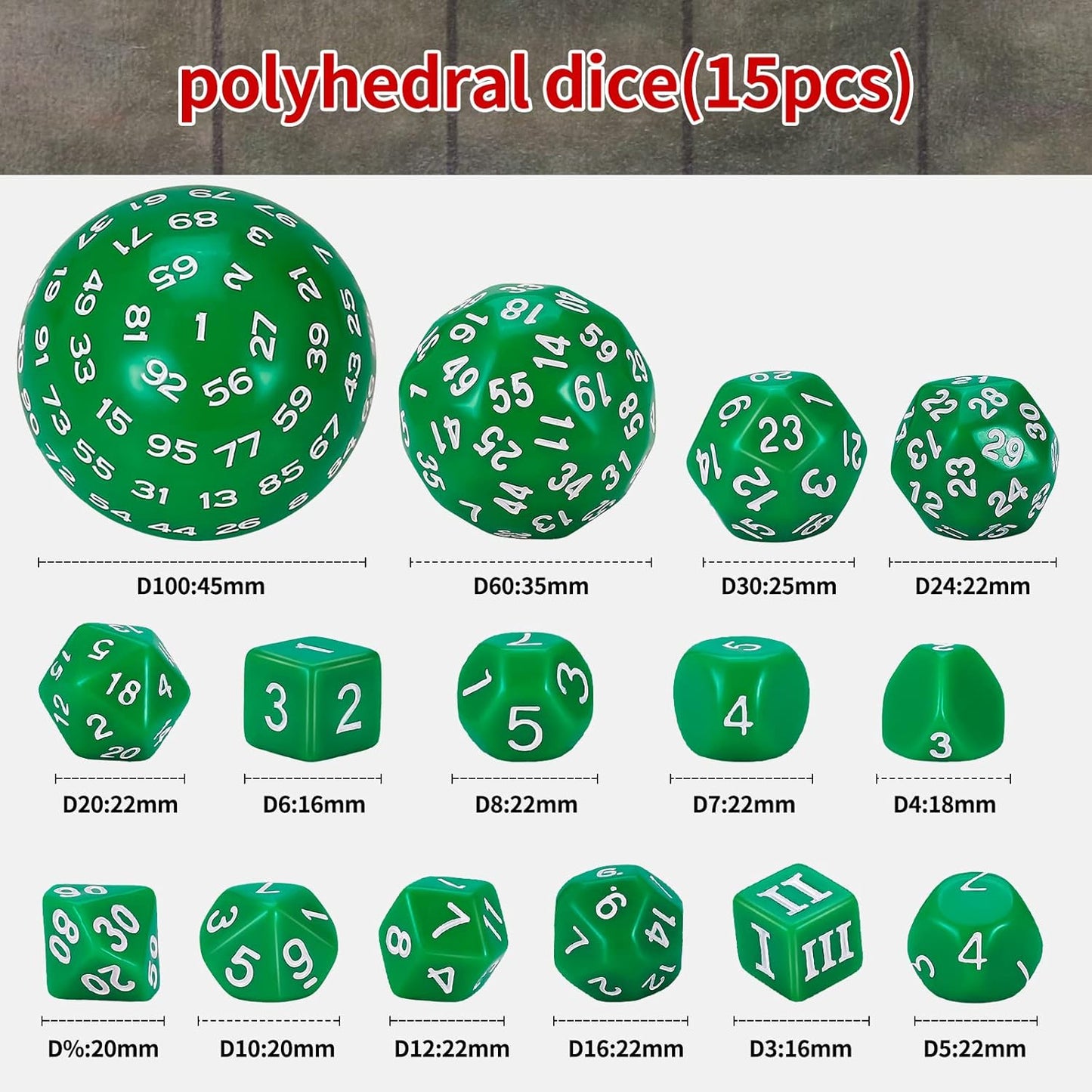 CiaraQ DND Polyhedral Dice Set (15pcs) D4-D100 Game Dice with Dice Bag for Dungeons and Dragons Role Playing Table Games (Green & White)