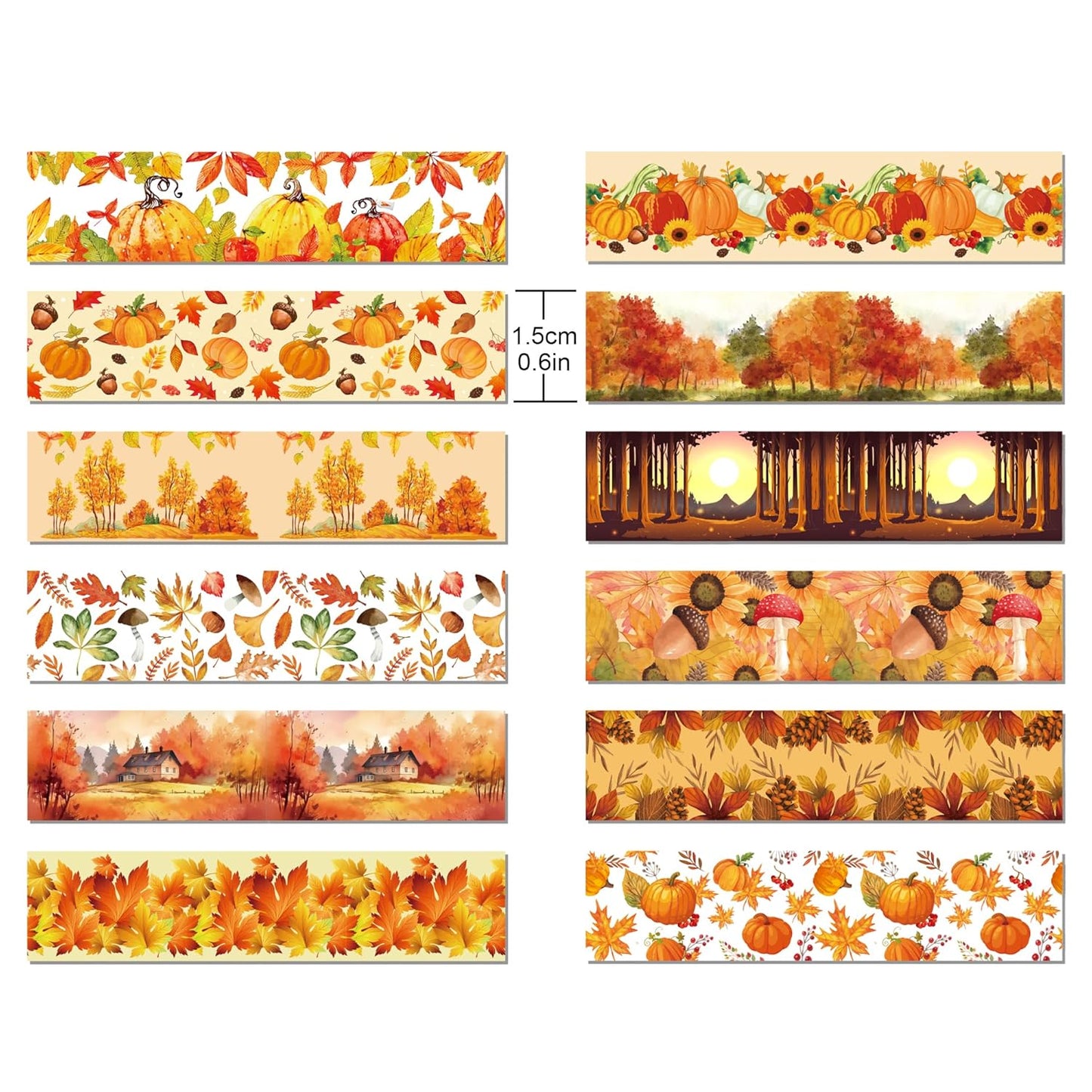 12 Pcs Thanksgiving Washi Tape Maple Leaf Print Masking Tape Pumpkin Pattern Decorative Paper Sticker for Fall Party Holiday Scrapbook DIY Craft Gift Wrapping Handbook Sticker