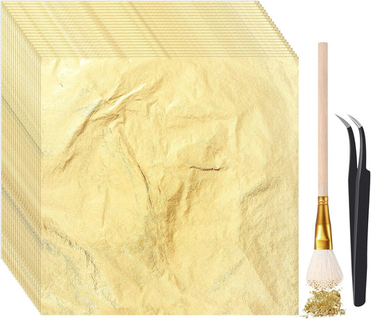 Cunhill 200 Pcs Gold Leaf Sheets for Art Foil Paper Leaf Art Foil Sheets Gilding Brush Thin Paper Craft for Painting Gilding Crafting Decoration,5.5 x 5.5 Inches(Gold)