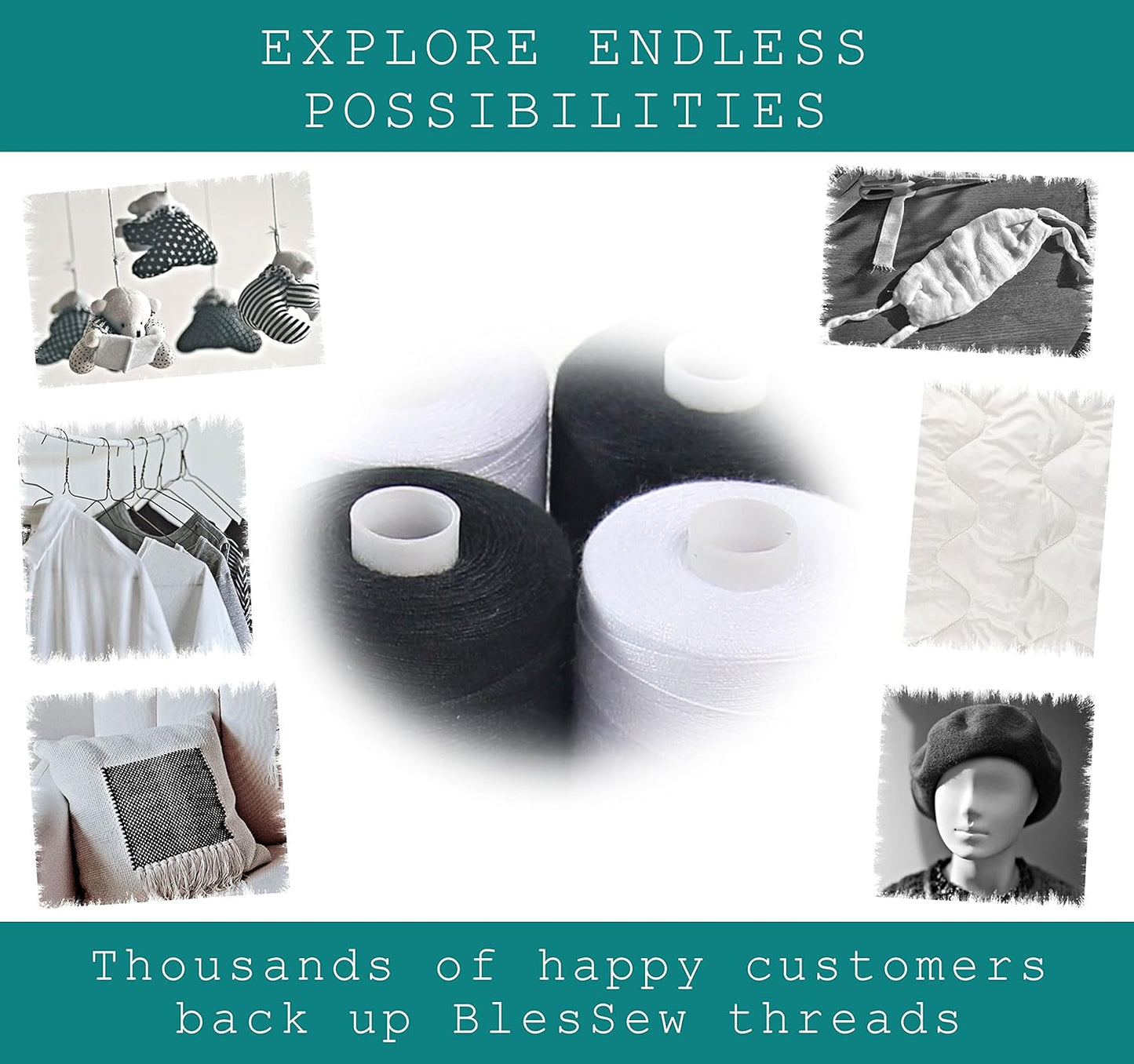 Black & White Sewing Thread - 6 Spools of Polyester Thread for Sewing Machine for Beginners, Hand Stitching & Quilting - 1000 Yards Per Spool