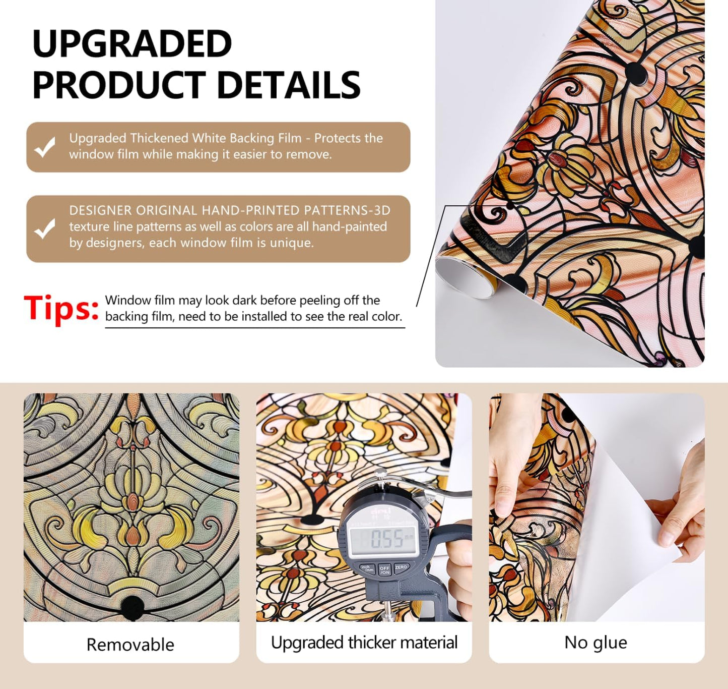 3D Stained Glass Window Film, Decorative Window Privacy Film for Bathroom,Front Door,Home, Sun Blocking Heat Control,Static Cling, Golden Ironwork 35.4inch x 78.7inch