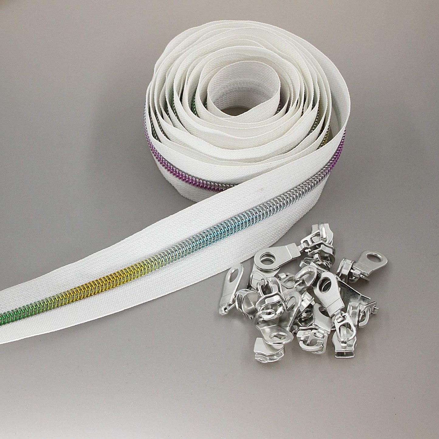 Leekayer #5 Metallic Nylon Coil Zippers by The Yard Colorful Teeth Zipper Bulk 10 Yards White Tape with 25pcs Silver Sliders for DIY Sewing Tailor Craft Bag(White)
