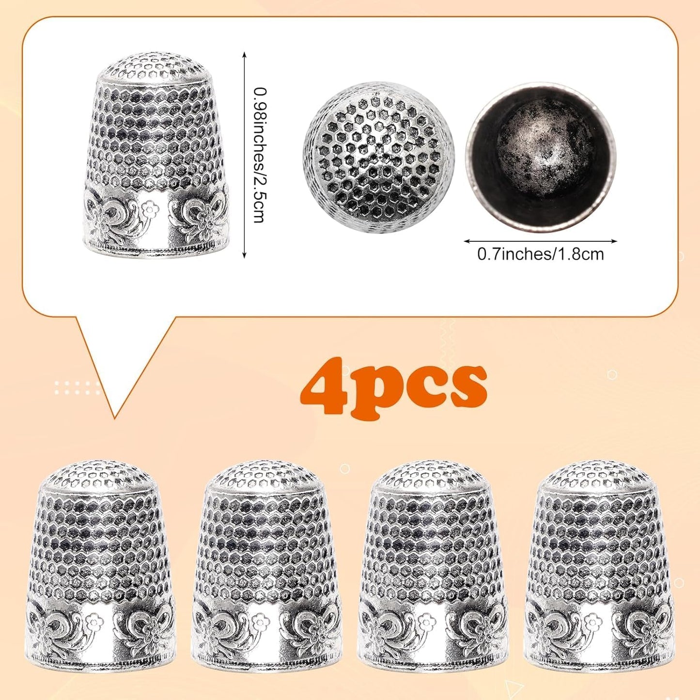 4Pack Thimbles for Hand Sewing, Sewing Thimble Hand-Working Sewing Thimble Finger Protector (Silver)
