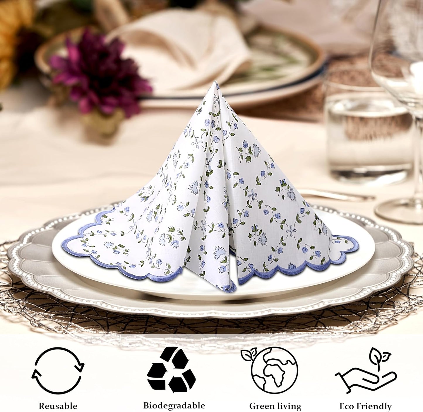 Ridhi Powder Blue Hand Block Print Napkins 18" x 18" Set of 4 Reusable Cotton Dinner Napkins for Weddings, Parties & Everyday Dining, Thanksgiving, Christmas, Fall
