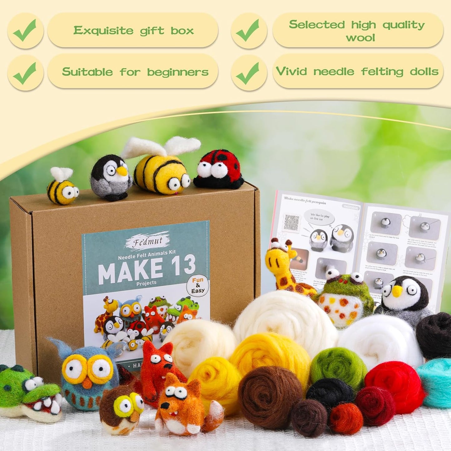 Fedmut Needle Felting Kit - 13Pcs Needle Felting Kit for Beginners with Wool Roving, Felting Pad, Felting Needles for Starters DIY Craft Animal Home Deco Birthday Gift