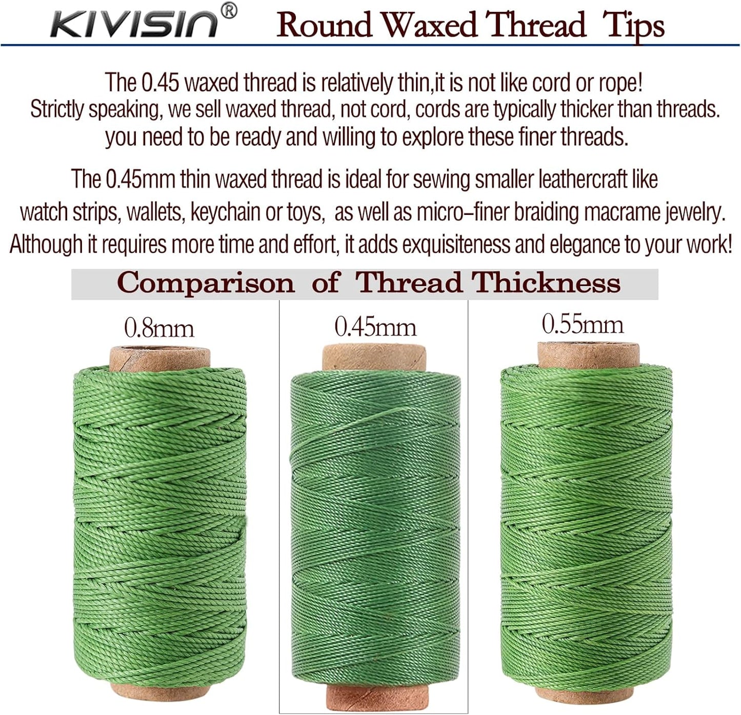12 Colored Waxed Polyester Thread, 0.45mm Thinner Diameter, 115 Yards/Spool, Wax Coated String Cord for Leather Sewing, Upholstery, Stitching, Binding, Beading, Stringing, and Crafting