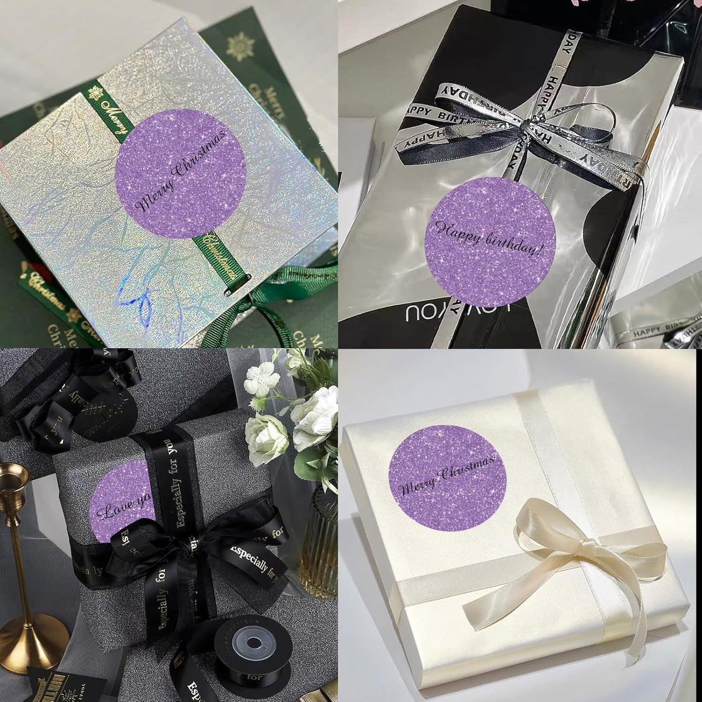 3" Circle Holographic Thermal Labels Stickers, Round Direct Thermal Label Stickers, Glitter Thermal Printer Sticker Labels for Gift Wrapping, Perforation Line Design- Glitter Purple